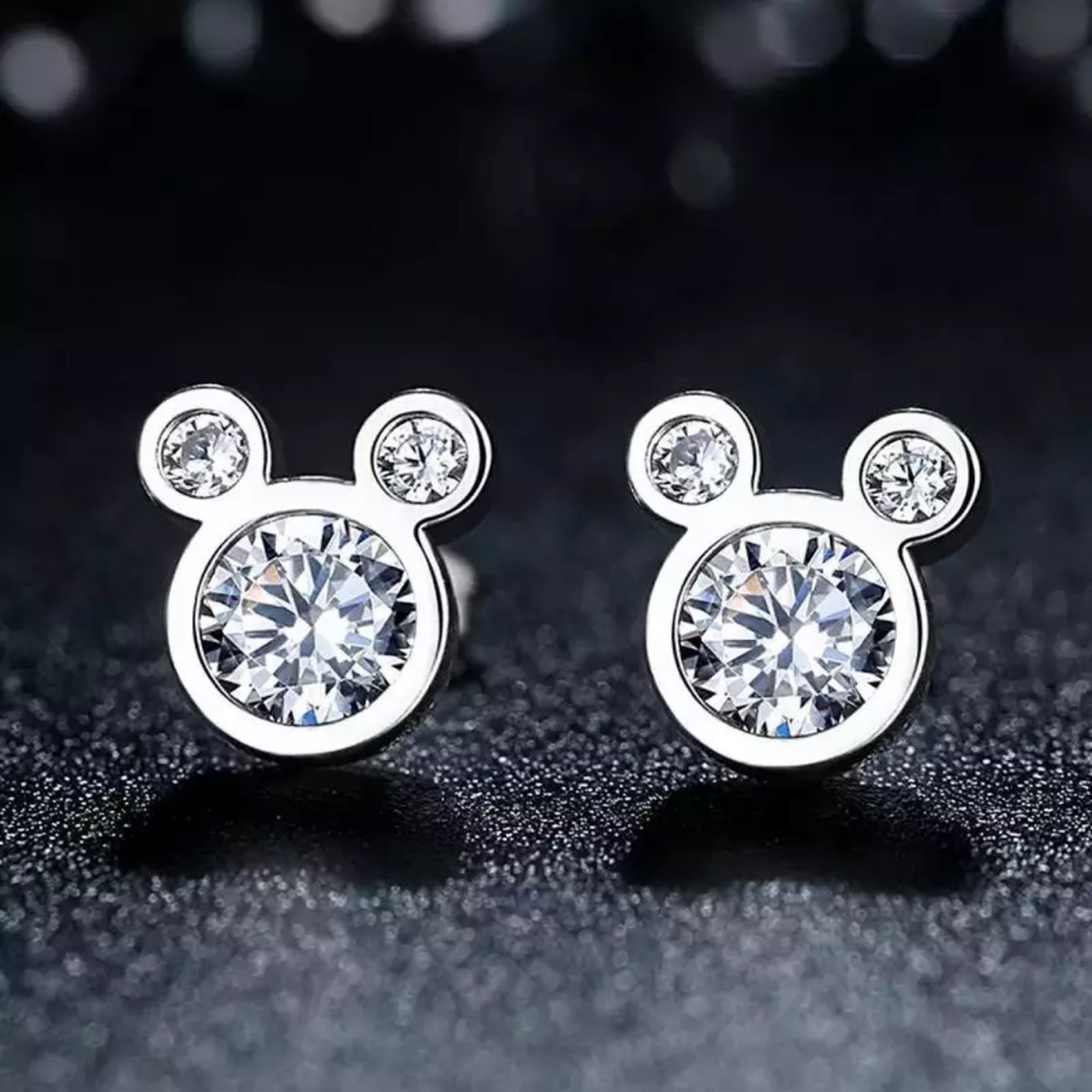 MINI MICKEY CRYSTAL Cubic Zirconia Diamond SILVER Stud Earrings GIFT Box